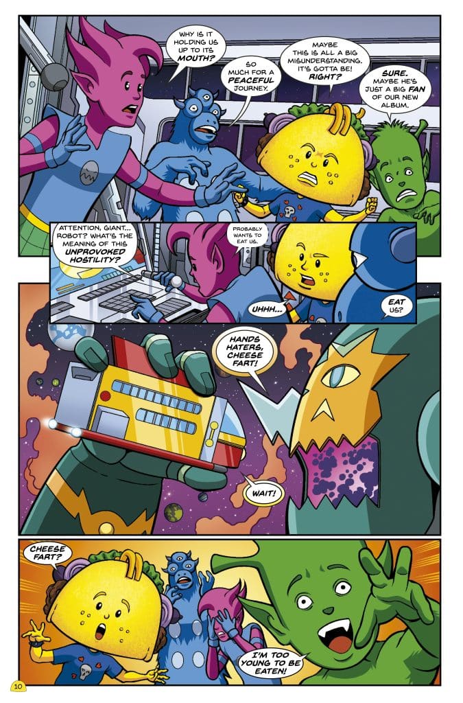 A colorful comic panel featuring cartoon alien characters expressing concern as they are confronted by a giant robot. One character, resembling a lemon, seems worried about being eaten, while others display a mix of confusion and humor about the situation.