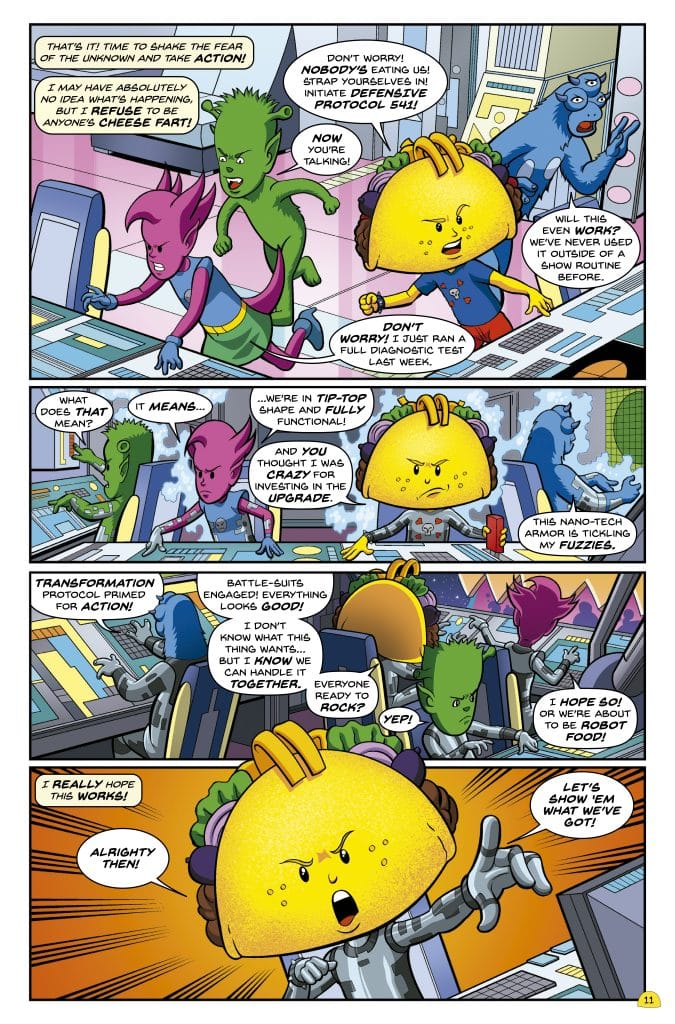 A colorful comic panel featuring anthropomorphic characters including a taco and various alien beings. They are inside a spaceship, discussing defensive protocols and preparing for an action-packed event. The taco character appears confident, while others show a mix of excitement and concern.