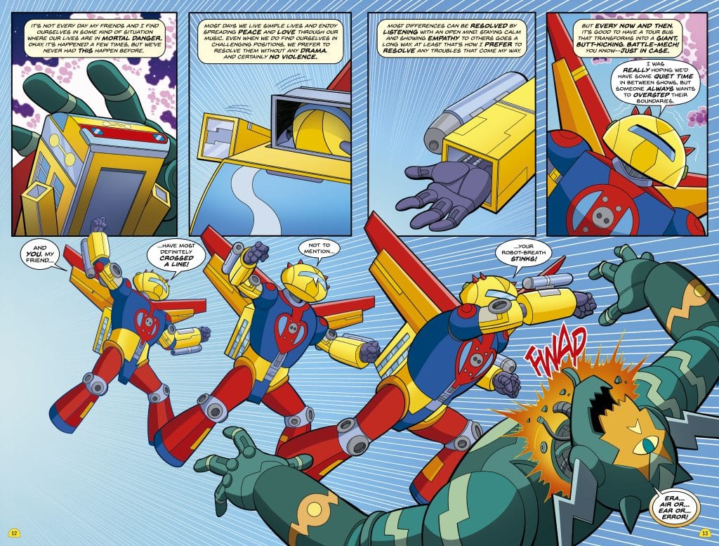 A colorful comic panel featuring two robot characters engaging in a humorous confrontation, with one robot delivering a playful punch to the other. The first robot, equipped with red and yellow armor and a heart emblem, expresses a lighthearted annoyance, while the second robot, wearing green armor, appears surprised. Speech bubbles contain playful dialogue about resolving conflicts.