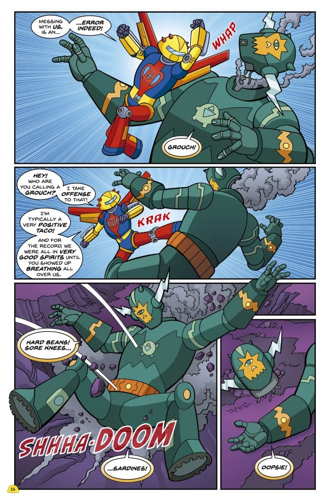 A comic-style illustration featuring a colorful robotic character and a yellow figure, engaged in a humorous exchange. The yellow character is animatedly expressing surprise and joy while the robot looks annoyed. Speech bubbles highlight playful banter and sound effects, such as 'WHAP' and 'KRAK', contributing to the lighthearted tone.