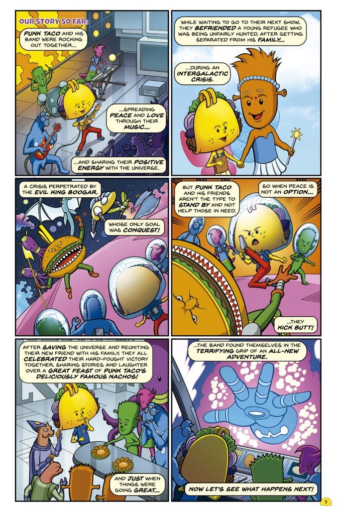 A vibrant comic page depicting Punk Taco and his band engaging in music and spreading positive energy in an intergalactic setting, while overcoming challenges and celebrating their victories with delicious nachos.