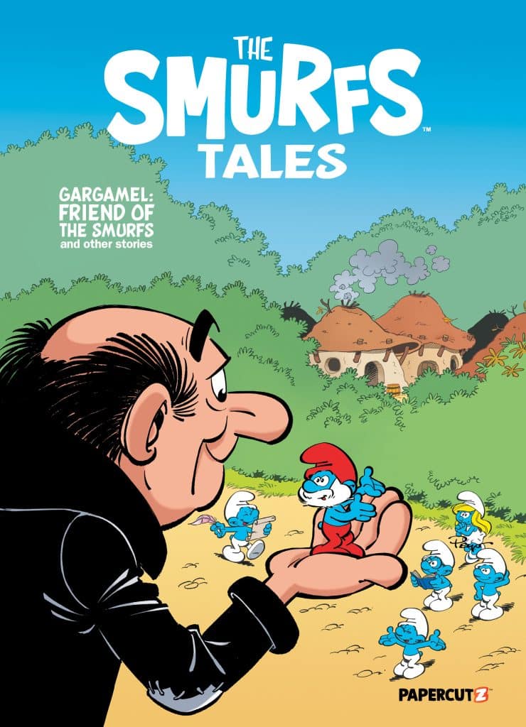Cover of 'The Smurfs Tales' featuring Gargamel holding a Smurf in his hand, with other Smurfs in the background and a village scene.