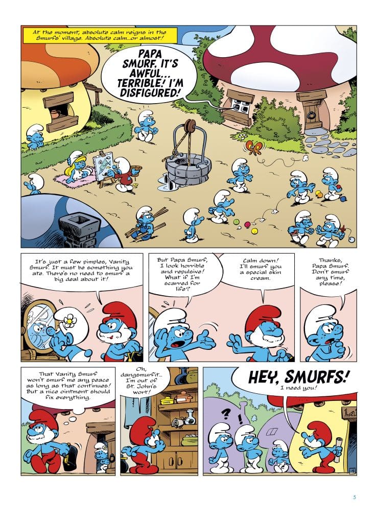 A comic panel depicting various Smurfs in their village. One Smurf, distressed, tells Papa Smurf about his appearance, feeling disfigured. The scene shows several Smurfs interacting, with buildings resembling mushrooms in the background.