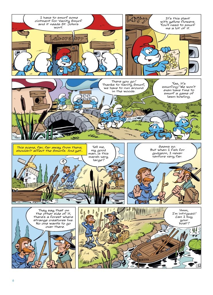 A comic strip featuring Smurfs in a village setting, discussing the need for St. John's wort to make ointment for Vanity Smurf. They plan to search for the plant in the woods while interacting with two men by a marsh. The men talk about fishing and a mysterious forest.