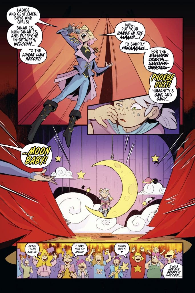 A vibrant comic page featuring a character performing on stage at a lunar-themed resort, addressing a diverse crowd. The character is dressed flamboyantly and encourages audience participation, while an animated child sits on a crescent moon in the background.