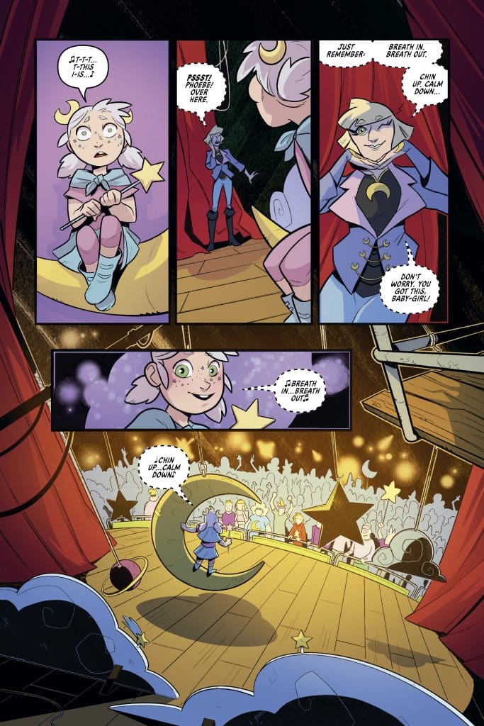 A comic panel featuring a nervous girl with pastel hair holding a star, surrounded by performers and a cheering audience in a colorful stage setting. The girl is encouraged by another character in a blue outfit, with dialogue focusing on calming her anxiety.