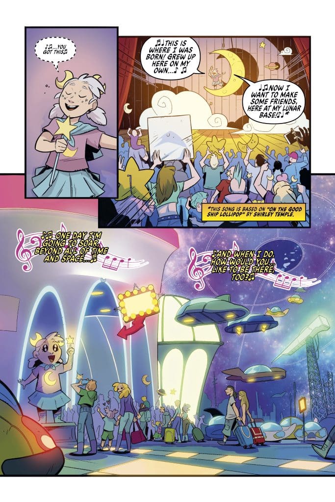 A vibrant comic scene depicting a cheerful character on stage with a star, singing to an enthusiastic audience at a lunar base. The background features colorful spacecraft and neon lights, emphasizing a playful, cosmic atmosphere.