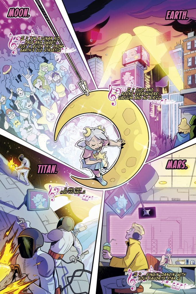A colorful comic-style illustration depicting a lunar kid singing and dancing on a crescent moon, with scenes from Earth, Titan, and Mars around them, featuring vibrant cityscapes and astronauts, along with musical notes.
