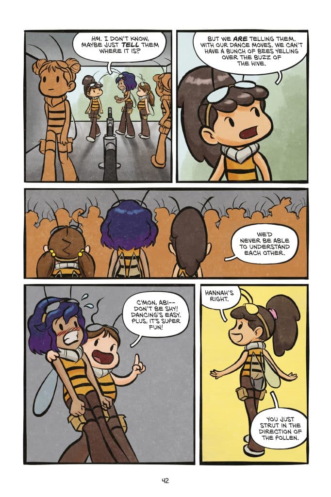 Comic panel featuring four young characters in bee-themed outfits. Two characters are discussing how to communicate with bees through dance moves, while others encourage a character named Abi to join in and have fun dancing.