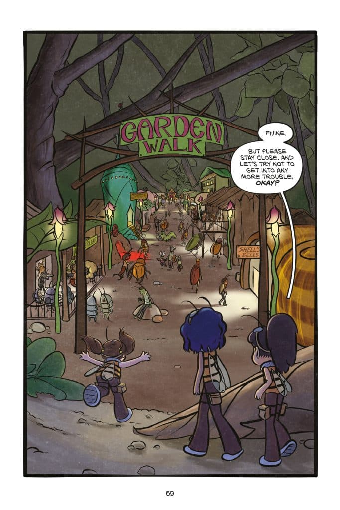 A whimsical scene depicting two characters with antennae walking down a bustling market path named 'Garden Walk', surrounded by various anthropomorphic insect characters and colorful stalls under a nighttime sky.