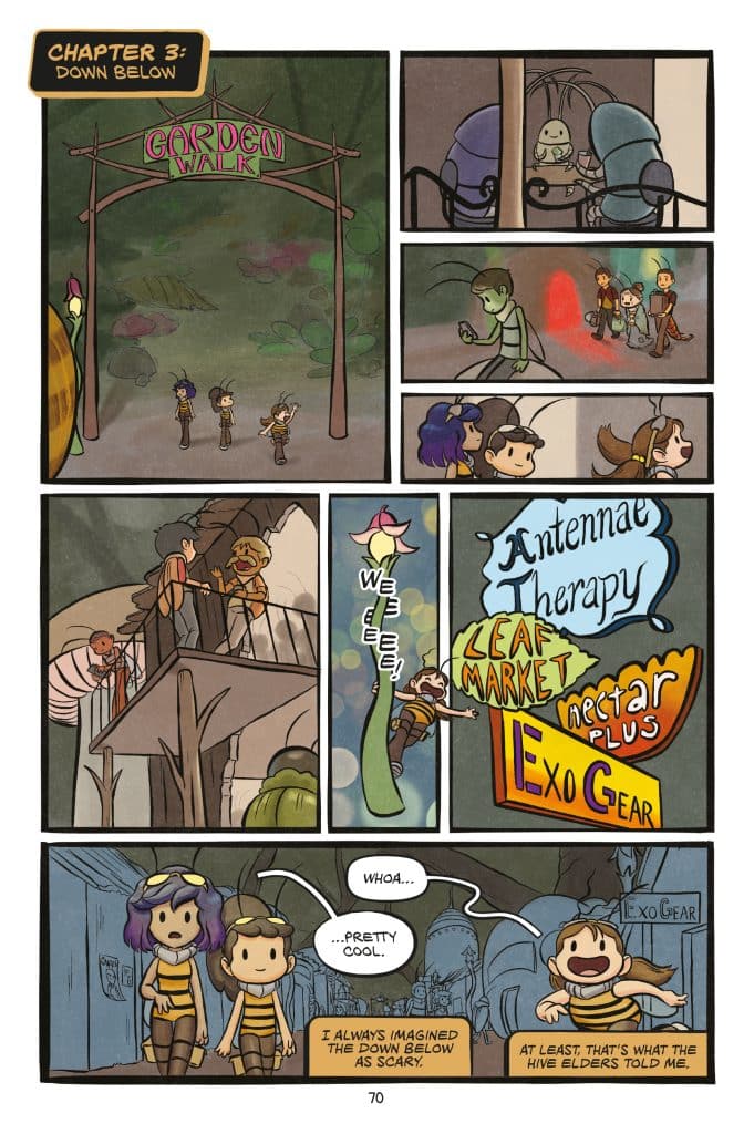 Comic page titled 'Chapter 3: Down Below' featuring a colorful illustration of various characters exploring a fantastical environment, including signage for 'Garden Walk,' 'Antennae Therapy,' 'Leaf Market,' and 'Exo Gear.' Two characters express surprise and intrigue in dialogue bubbles.
