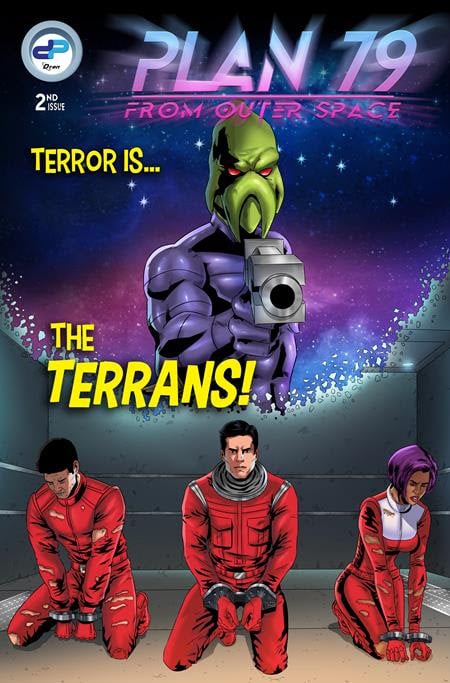 Comic book cover for 'Plan 79 from Outer Space' featuring a green alien with a camera and three characters in red suits, appearing apprehensive.
