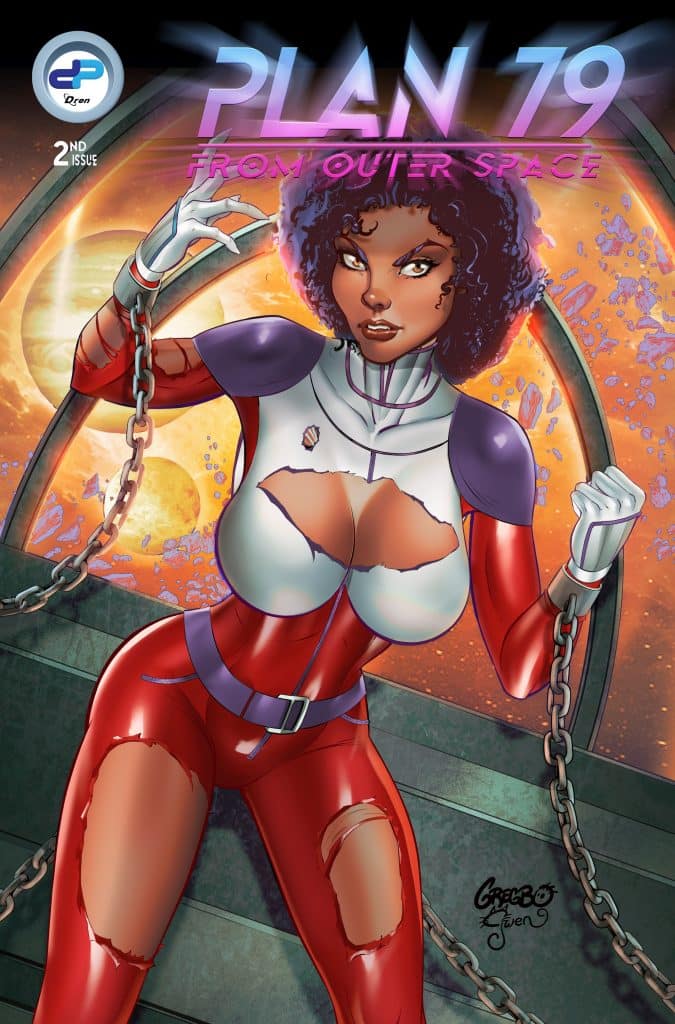 Comic book cover featuring a female character in a red, futuristic outfit with chains, posing dramatically against a space backdrop with planets.