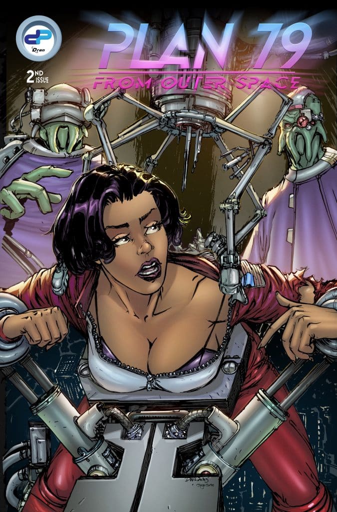 Comic book cover titled 'Plan 79 From Outer Space', featuring a female character surrounded by robotic arms and alien figures, showcasing a sci-fi theme.