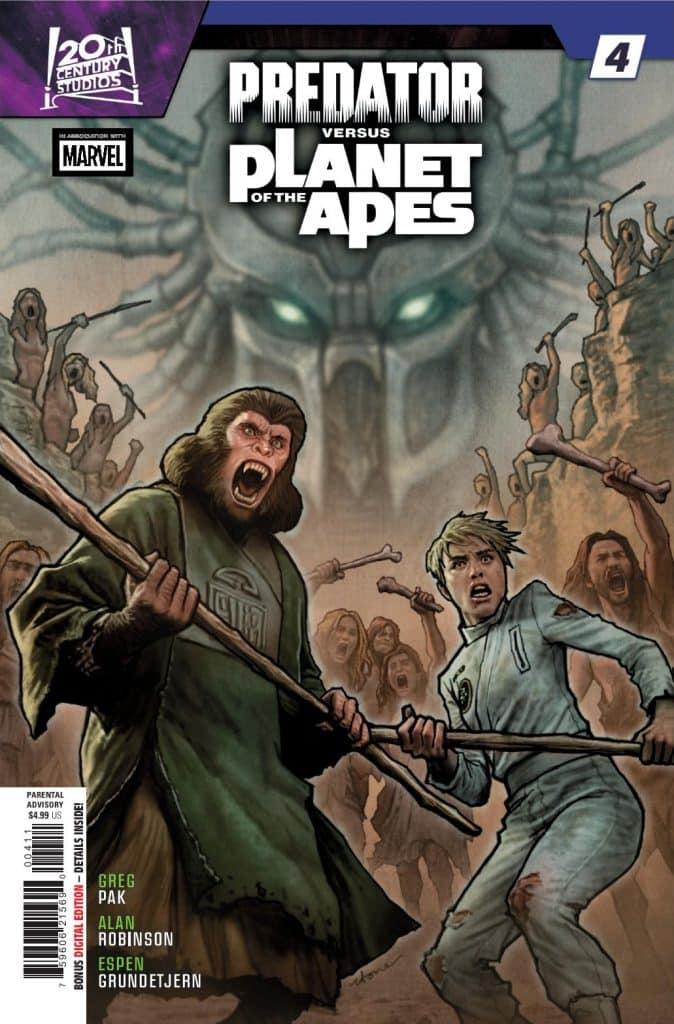 Comic book cover featuring a confrontation between a character resembling a humanoid ape and a human, with an ominous mountain face in the background and a group of ape-like figures in the foreground, set against a dark and action-filled scene.