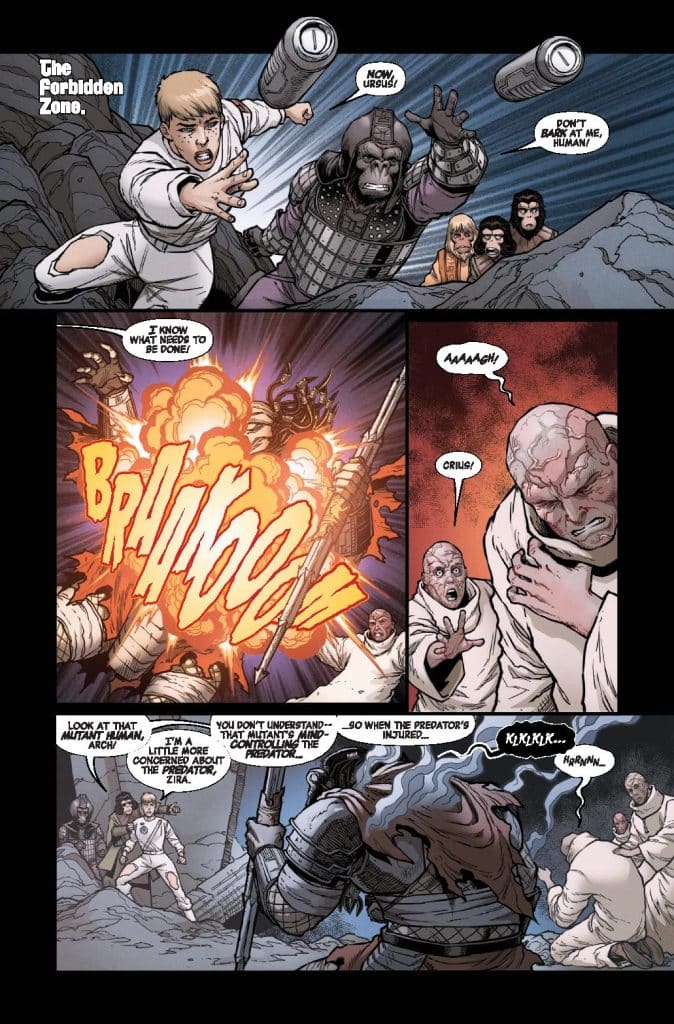 A comic page depicting a chaotic scene in the Forbidden Zone, featuring characters in a heated confrontation. A character named Ursus appears to be involved in an explosive event while others express concern. The dialogue reveals tension about an injured predator and their understanding of a militant's mindset.