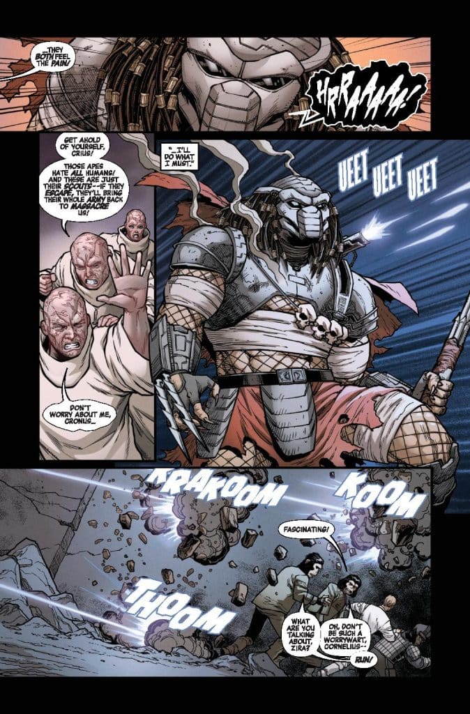A comic book panel featuring a character in a distinctive armored costume, engaged in a dramatic confrontation with others. The scene includes dialogue bubbles expressing tension and urgency, with sound effects like 'HRRAAA!' and 'THOOM' indicating action.