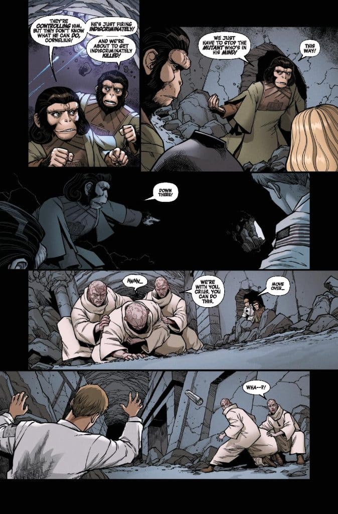 A scene from a comic featuring two apes discussing a dangerous situation where one is firing indiscriminately, while another ape urges to stop a mutant. In the background, a human is seen surrounded by others in a vulnerable position.