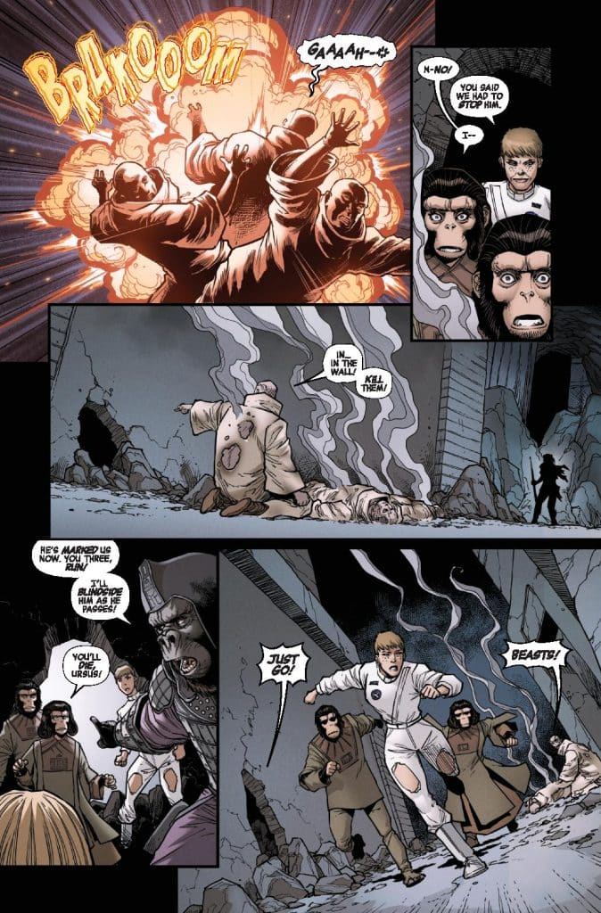 A dramatic comic book scene depicting an explosion with characters reacting in shock. A group of humanoid figures, including gorilla-like creatures and humans in space suits, are seen in a chaotic environment filled with smoke and debris. One character is urging others to run while another appears to be in distress.