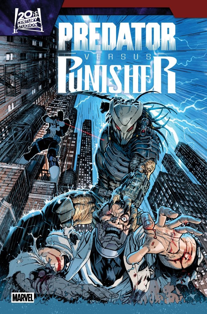 Comic cover featuring a dramatic illustration of Predator and Punisher in an intense confrontation, set against a city skyline.
