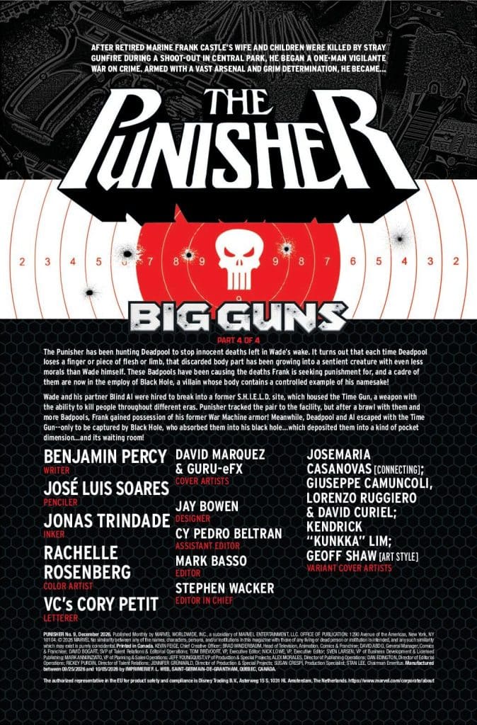 A promotional image for The Punisher comic series, featuring the title prominently and a bullet-riddled target background. It includes character descriptions, creative team credits, and a storyline summary about Frank Castle's quest for justice.
