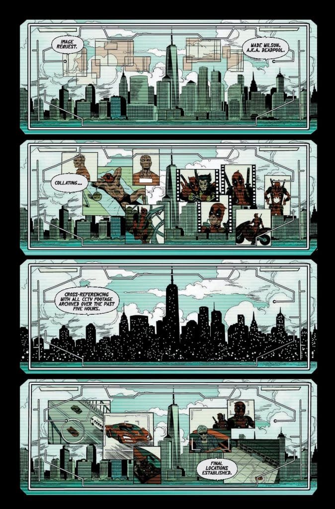 A comic-style illustration showing a city skyline with various frames depicting characters and scenes, including a reference to Deadpool. The panels include text boxes that discuss collating and cross-referencing footage.