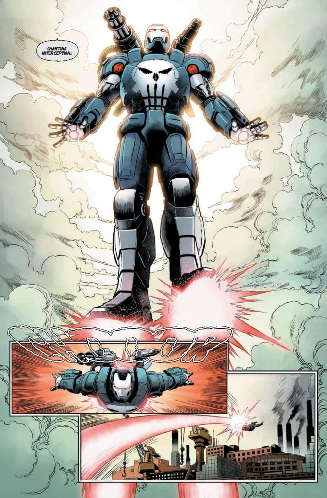 A comic book scene featuring a heavily armored character resembling a superhero with a skull emblem on the chest, flying above clouds and preparing to intercept something, with explosive effects and a cityscape below.
