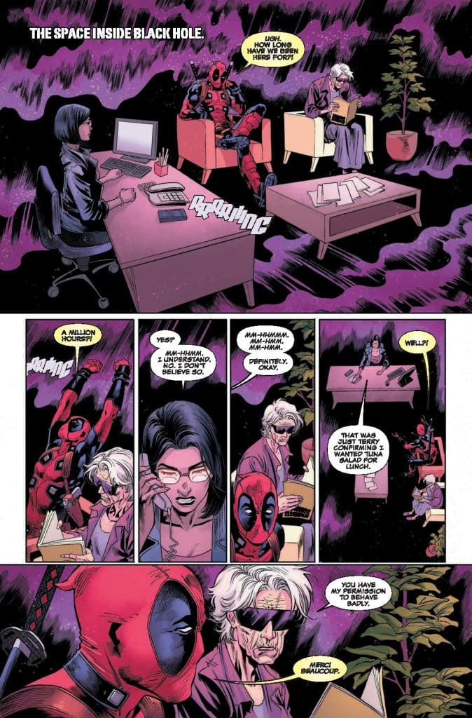 A comic book page featuring Deadpool sitting casually in a space setting, alongside two characters: one at a desk with a computer and another reading a book. The backdrop illustrates a black hole with purple and blue hues. The characters engage in humorous dialogue, with various expressions and actions depicted.