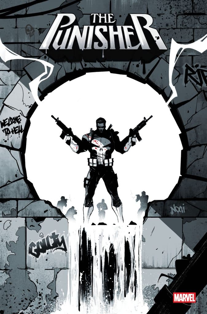 A stylized comic cover featuring The Punisher standing in a dramatic pose with dual guns, set against a stark black and white background with graffiti elements and water cascading around him.