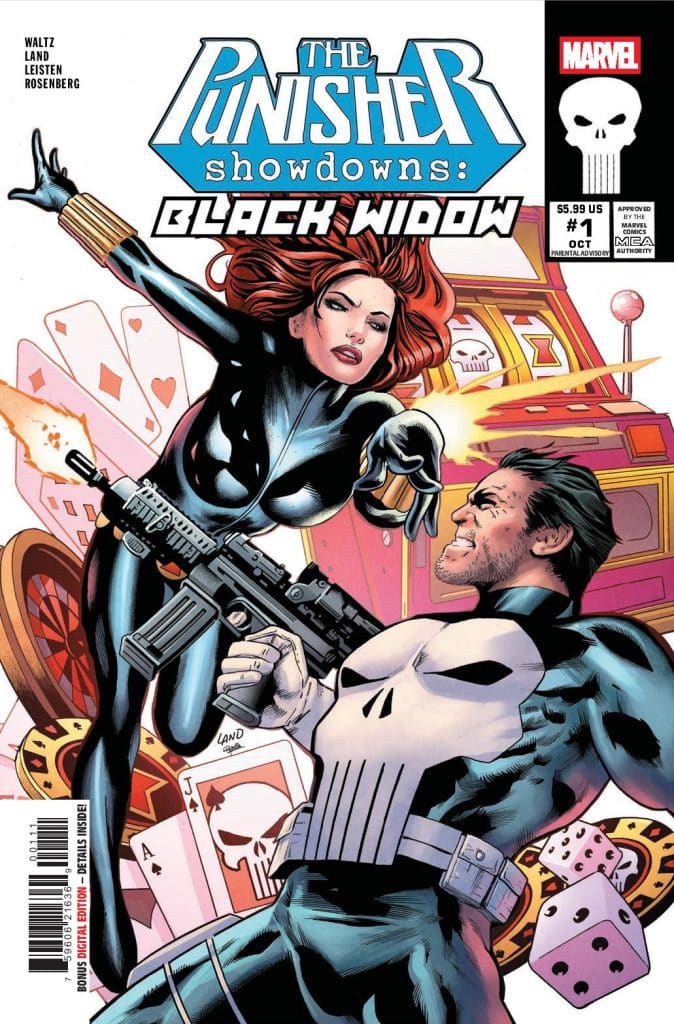 Comic cover featuring The Punisher and Black Widow in an action pose, with The Punisher aiming a weapon and Black Widow positioned dynamically in a black suit. Background includes casino elements like playing cards and dice.