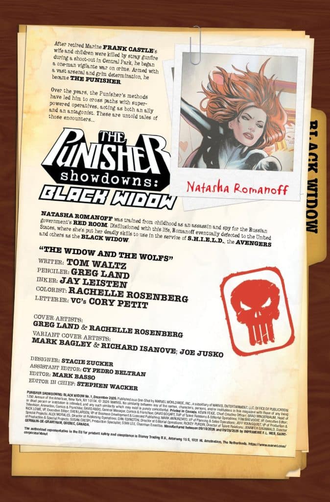 Comic book cover for 'The Punisher Showdowns: Black Widow' featuring Natasha Romanoff, with details about the story and creators listed.