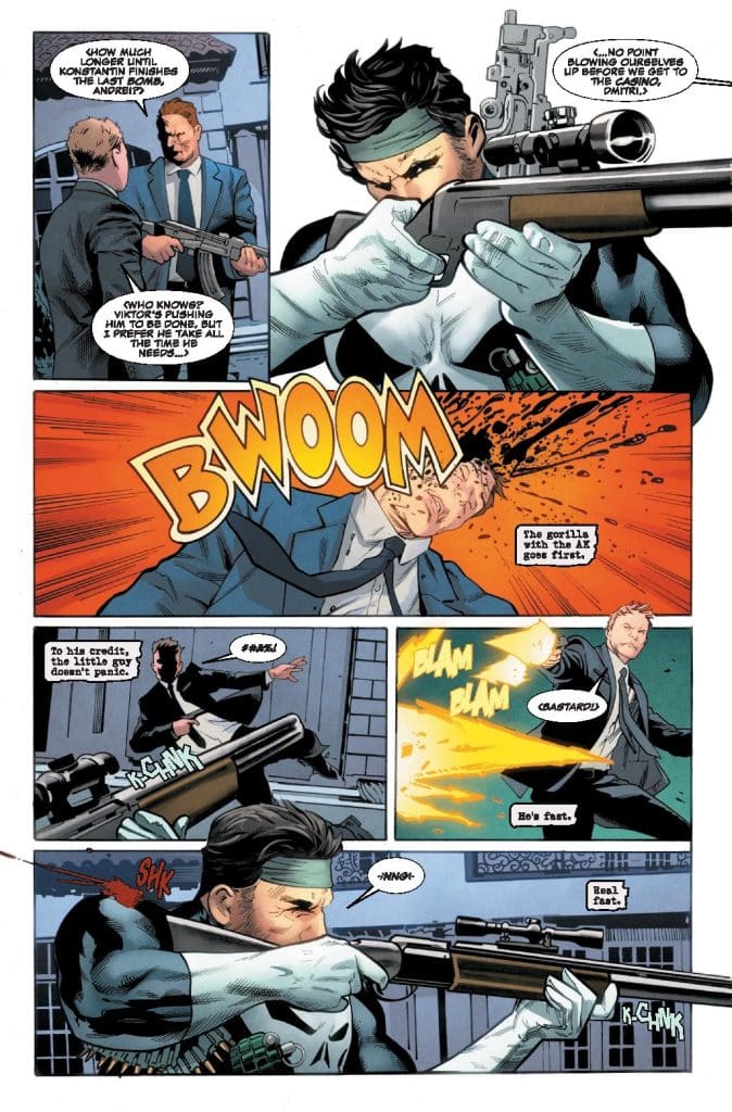 Comic book scene depicting a tense standoff with two characters engaging in a shootout, one aiming a sniper rifle while the other holds a handgun. Action sound effects are illustrated prominently, emphasizing the violence.