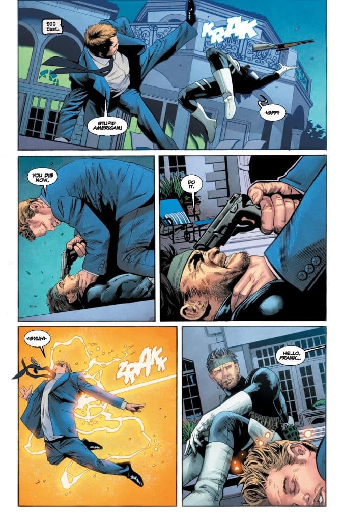 A dynamic comic book panel depicting a fight scene between two characters, one delivering a kick while the other is armed with a gun. Dialogue balloons convey tension and action, featuring phrases like 'Stupid American!' and 'You die now.' The final panel hints at a surprise twist with a character saying 'Hello, Frank...' as another character lies incapacitated.