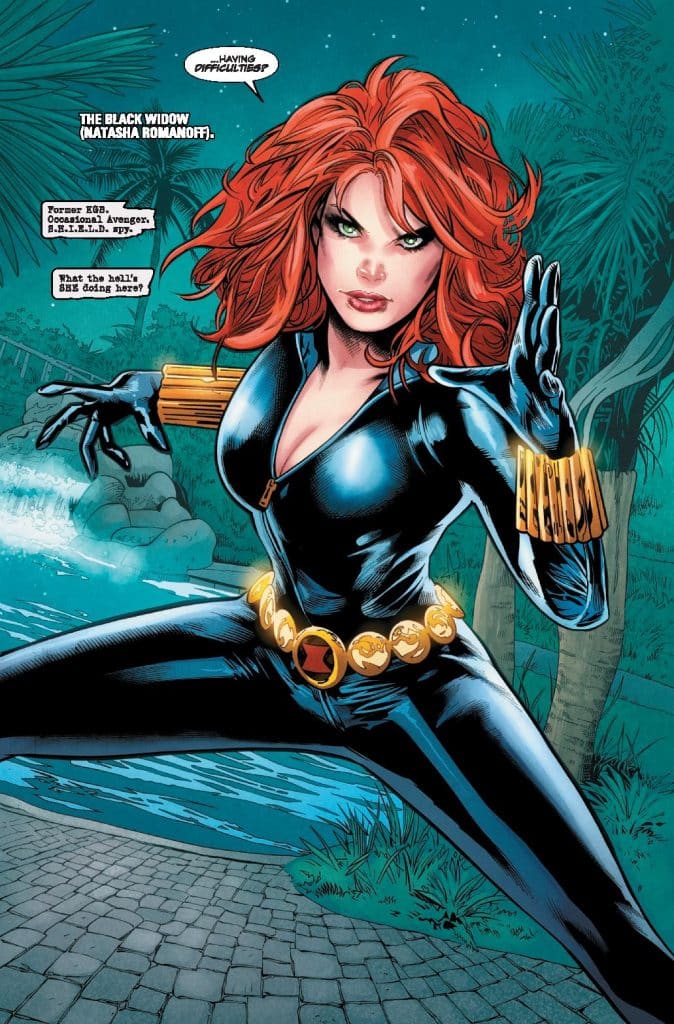 A comic book illustration of Black Widow (Natasha Romanoff), wearing a black bodysuit with a signature belt, standing in a dynamic pose with a determined expression, set against a nighttime backdrop with tropical plants and water.