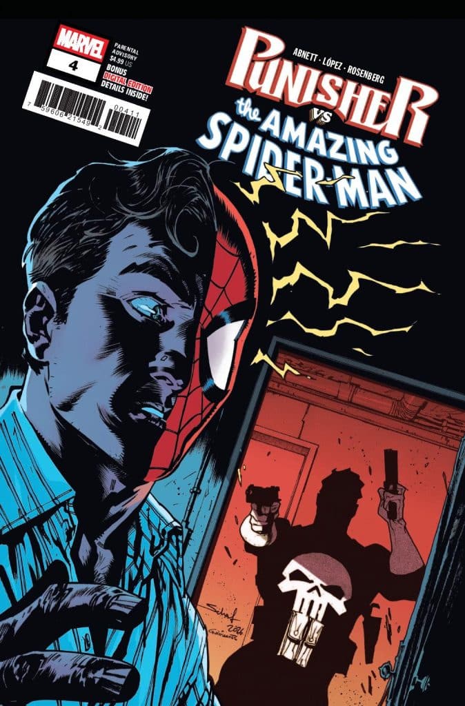 Comic book cover featuring Spider-Man, half his face depicted with a mask and the other half showing his shocked expression. In the background, the Punisher is pointing a gun while hiding in a doorway, accompanied by electric bolts emphasizing the tense atmosphere.