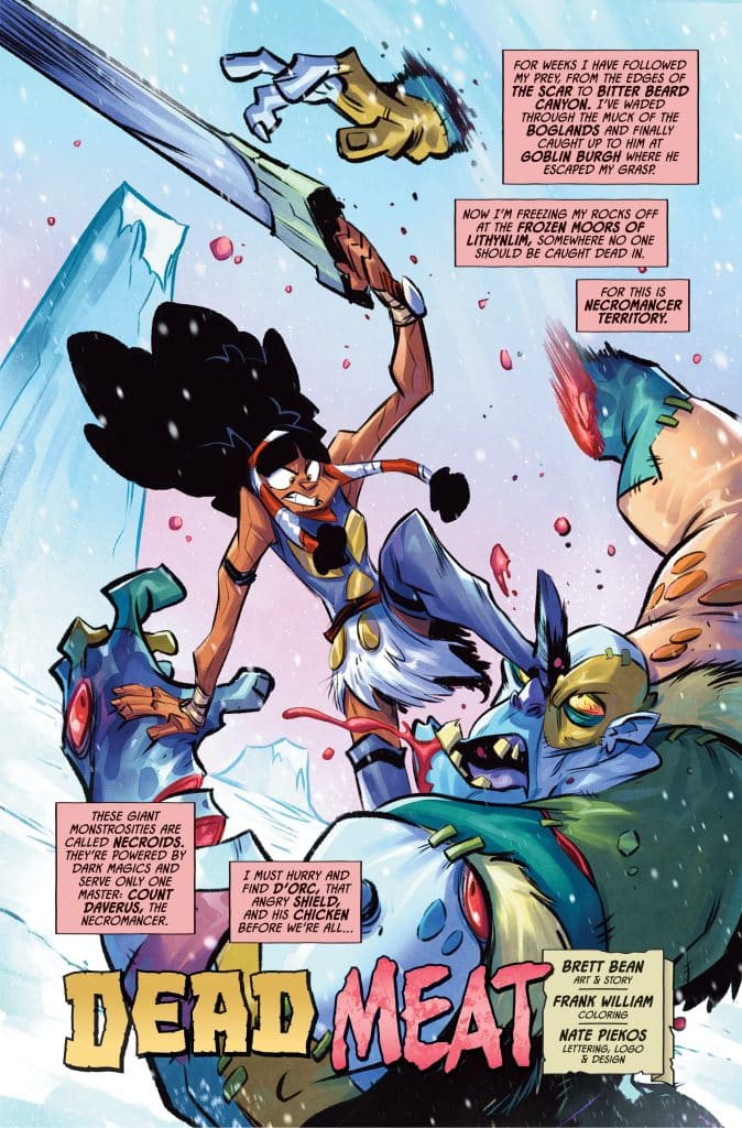 A colorful comic book page featuring a character with dark hair and a headband, leaping over a giant creature in a snowy landscape. The text highlights the character's pursuit in a perilous environment filled with necromantic monsters.