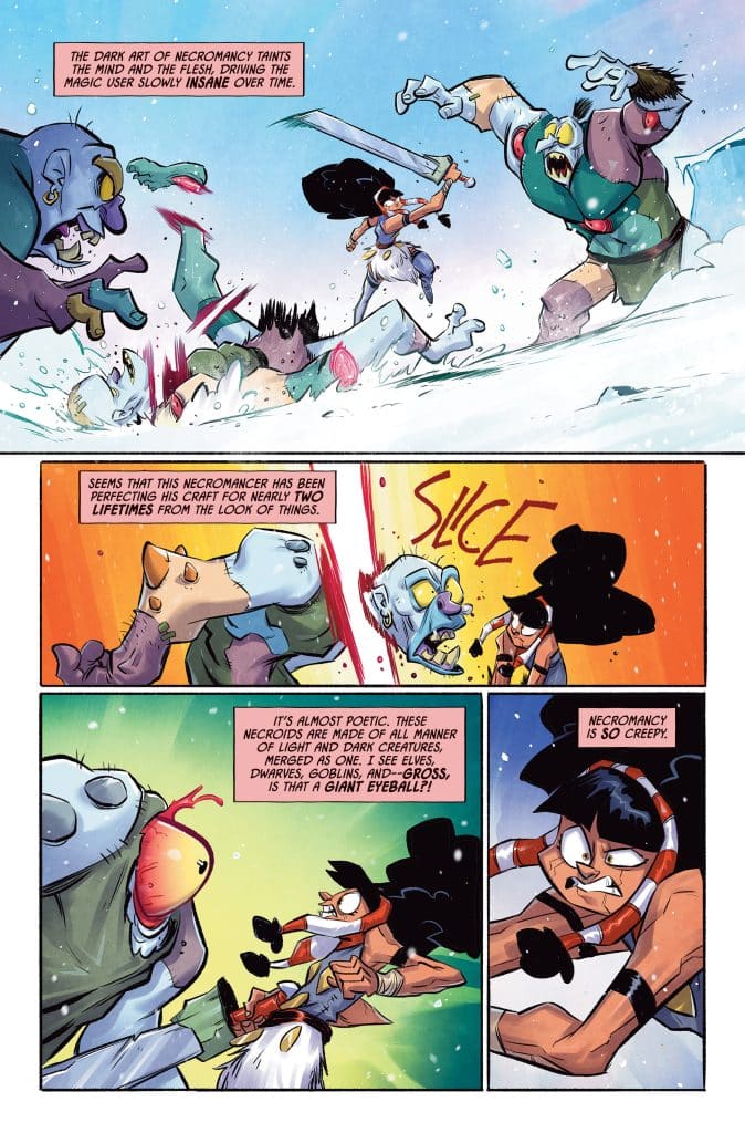 A battle scene featuring a fierce female warrior fighting against zombie-like creatures in a snowy setting, with her sword raised. The image includes a comedic depiction of necromancy with unusual characters, including a giant eyeball.