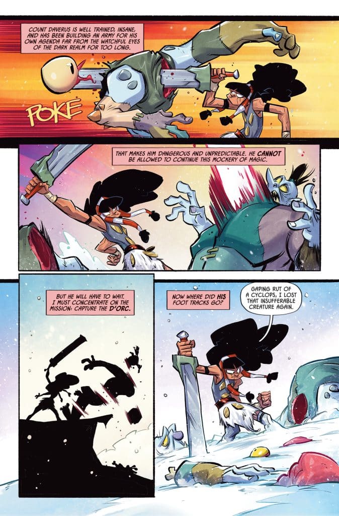 Comic panel depicting a character poking a large, humanoid figure with a weapon, while another character in the background looks on in confusion. The scene is set in a snowy landscape with various magical elements and characters engaged in a mission.