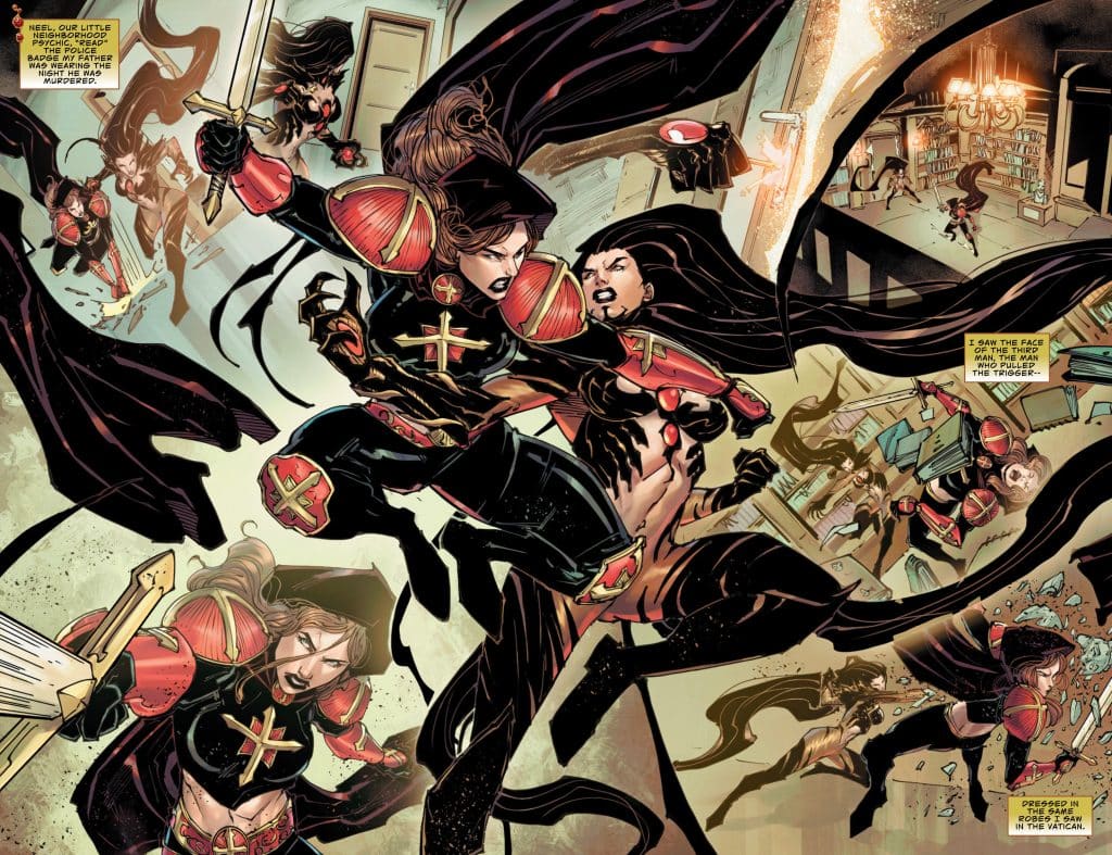 A dynamic comic book scene featuring two female characters in battle, set in a dramatic interior with furniture and scattered objects. They are wearing ornate, dark outfits with red accents, and one is wielding a sword. The background includes action elements and text panels providing context to the conflict.