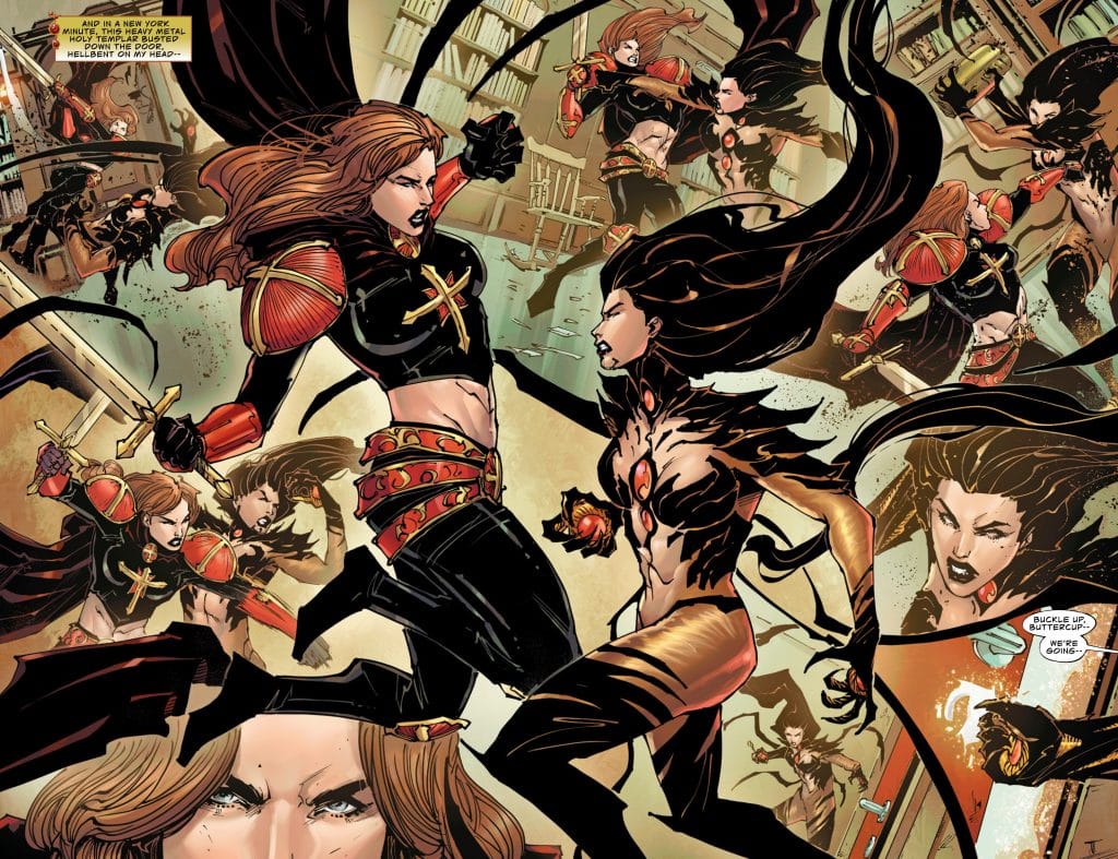 A comic book scene featuring two female characters engaged in a fierce battle. One character is wearing a black and red armored outfit with a sword, while the other has an ornate, dark costume with glowing elements. The background shows a chaotic environment, with dynamic poses highlighting their intense confrontation.