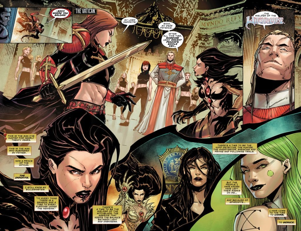 Comic book scene set in the Vatican featuring a woman in armor with a sword, surrounded by other characters. The background includes a religious setting with dramatic expressions and dialogue boxes.