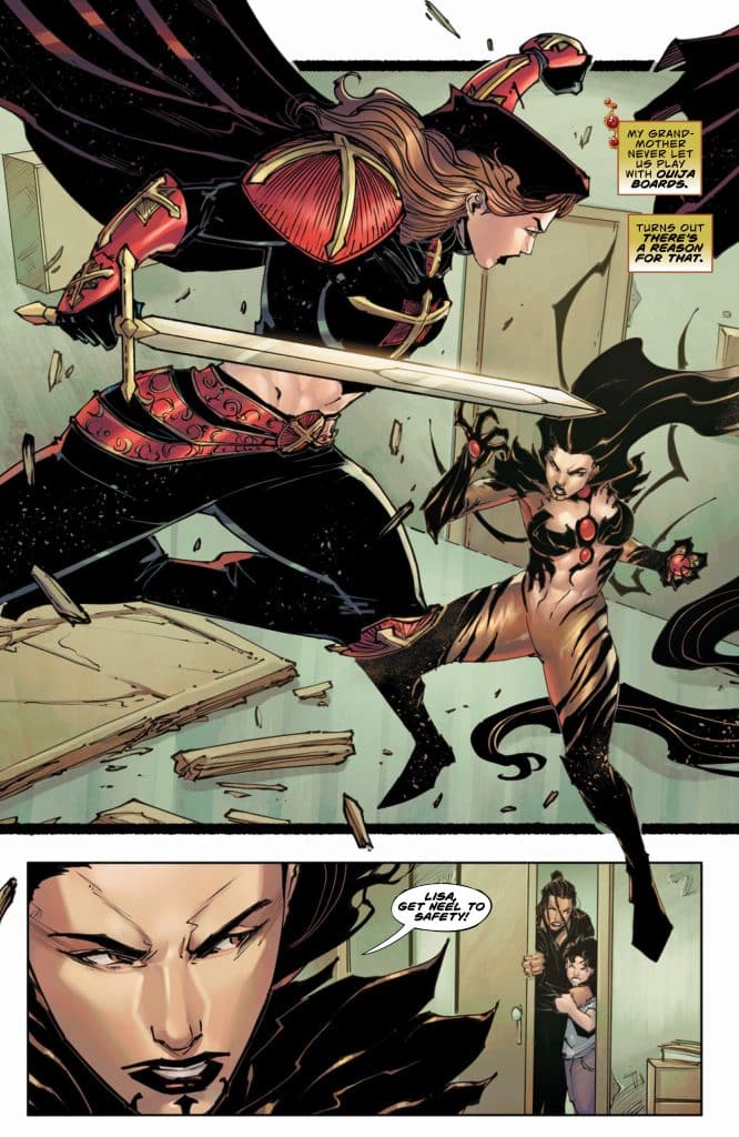 A dramatic comic book scene showing a powerful female character wielding a sword, facing off against a fierce opponent with a whip-like weapon. The background indicates a chaotic environment with debris scattered around. A third character is visible behind a door, suggesting a protective stance.
