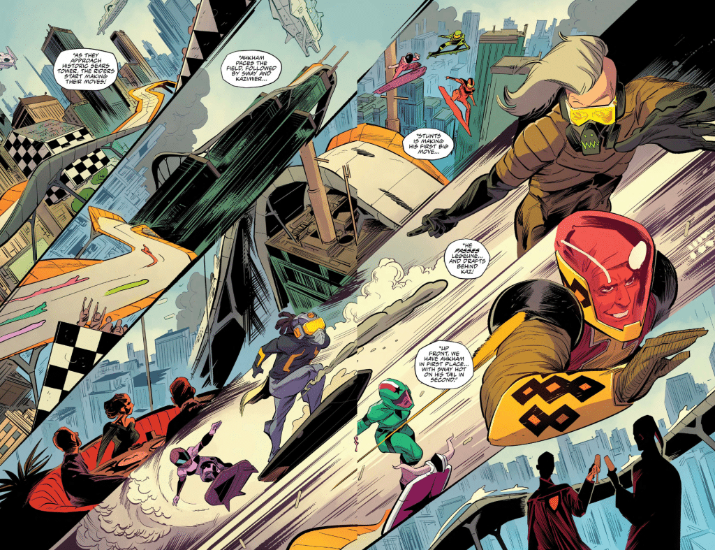 A dynamic comic book scene featuring characters racing on futuristic vehicles in a vibrant cityscape. Some characters are wearing distinctive costumes, while others are seated, observing the race. Speech bubbles contain dialogue about the race and competitors.