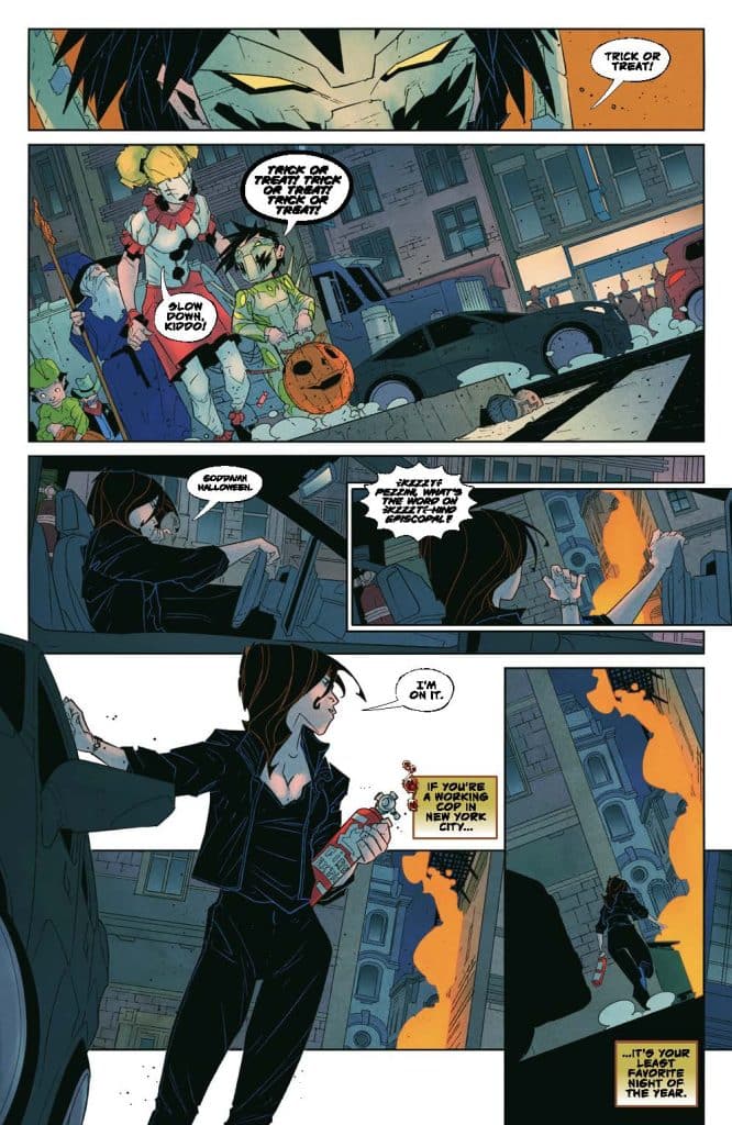 A comic panel featuring characters celebrating Halloween with costumes, pumpkins, and a street scene in a city. One character holds a fire extinguisher while discussing the challenges of working in New York City on Halloween night.
