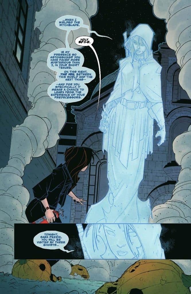 A character facing a ghostly figure in a dimly lit, eerie setting with smoke and skulls, as they engage in conversation about the witchblade and supernatural experiences.