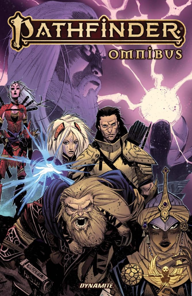 Cover art for Pathfinder Omnibus, featuring a diverse group of fantasy characters including a warrior, a spellcaster, and an armored figure, set against a mystical background.