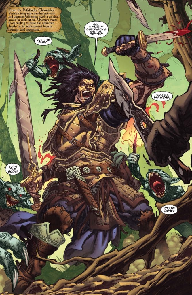 A heroic warrior battling monstrous, green-skinned creatures in a dense forest setting. The warrior, equipped with swords and wearing armor, shows intense determination while the creatures snarl and threaten from the shadows.