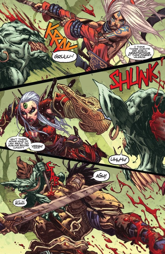 A dynamic comic book scene depicting two fierce warriors battling goblins, with exaggerated action lines and sound effects like 'KRAK' and 'SHUNK'. Blood splatters are visible as one character stabs a goblin, while another prepares for an attack, showcasing an intense fight in a fantastical setting.