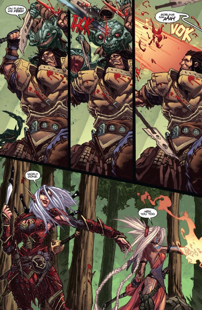 A fierce battle scene in a comic book style, featuring a muscular warrior engaged in combat with a goblin creature, blood splattering as the warrior strikes. The second part shows a female warrior in a red outfit wielding weapons alongside another character with long white hair, both looking confidently at each other amidst a forest backdrop.