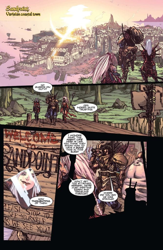 A sunset view of Sandpoint, a Varisian coastal town, with distant mountains and a harbor. Three characters in fantasy attire approach a welcome sign that reads 'Welcome to Sandpoint.' The sign expresses a friendly message inviting visitors to stop and see themselves as they are seen. The characters discuss the lack of guards and the town's trusting atmosphere.